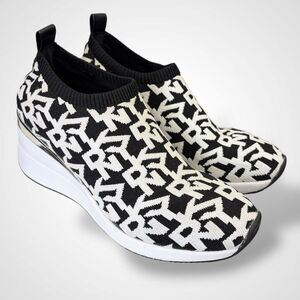 DKNY Women Polly Wedge Sneaker Shoes Size 6.5 M Stretchy Knit Black White Comfy